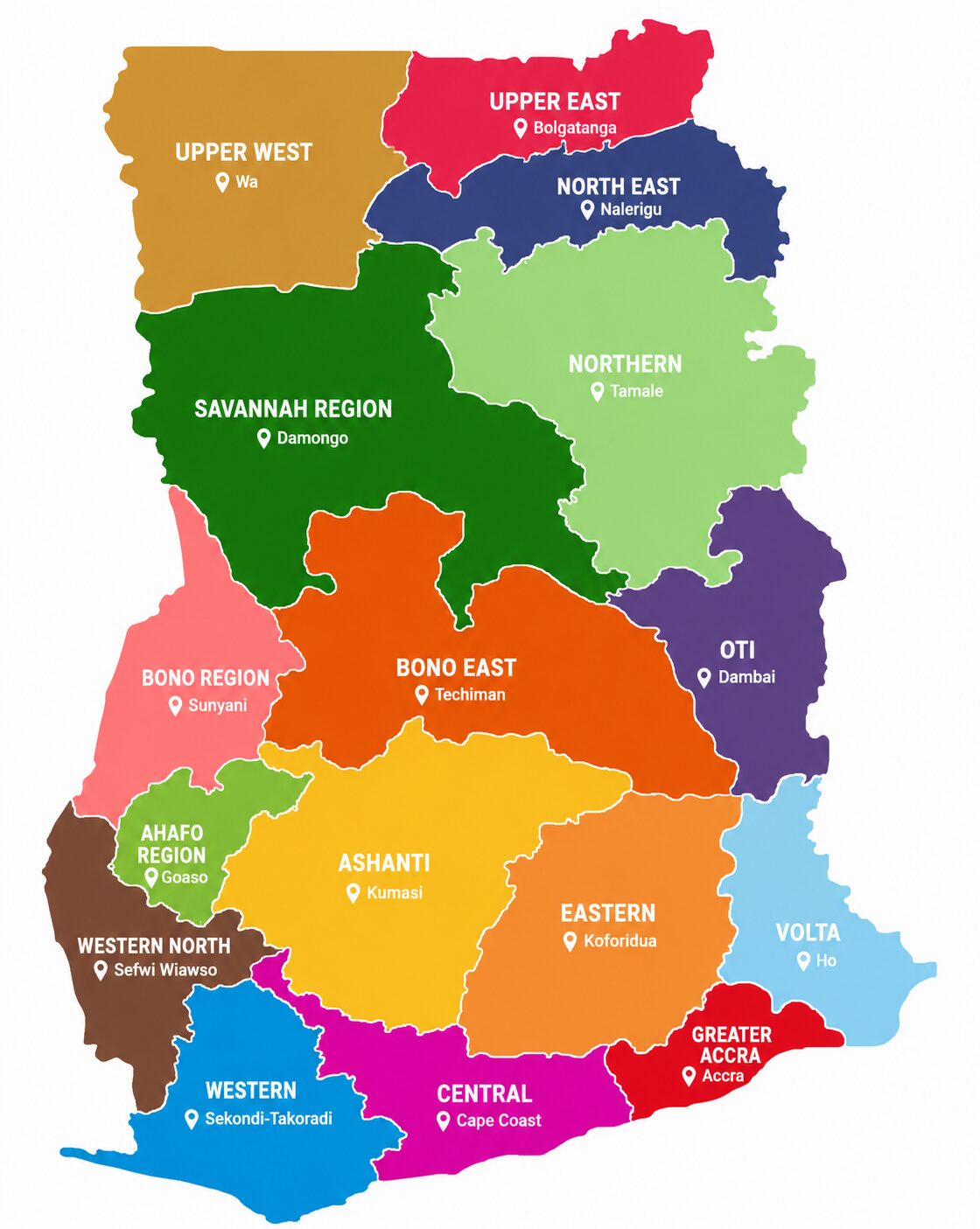 Map of Ghana showing its sixteen administrative regions